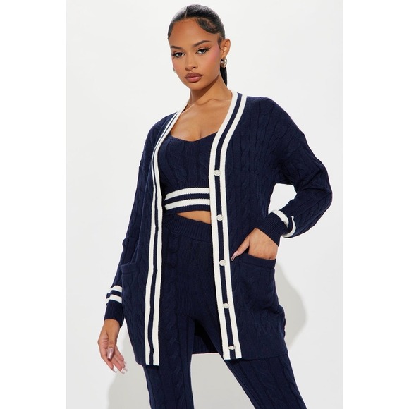 Fashion Nova Sweaters - Fashion Nova Cardigan Sweater Womens Size M Navy Blue Cable Knit Varsity Stripe